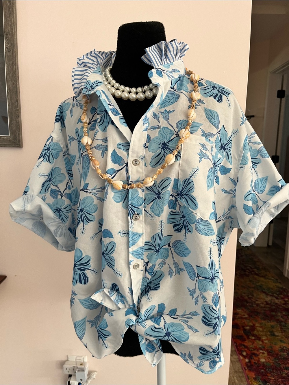 Upcycled Hawaiian Light Blue Floral Button-Up Shirt Ruffle Collar